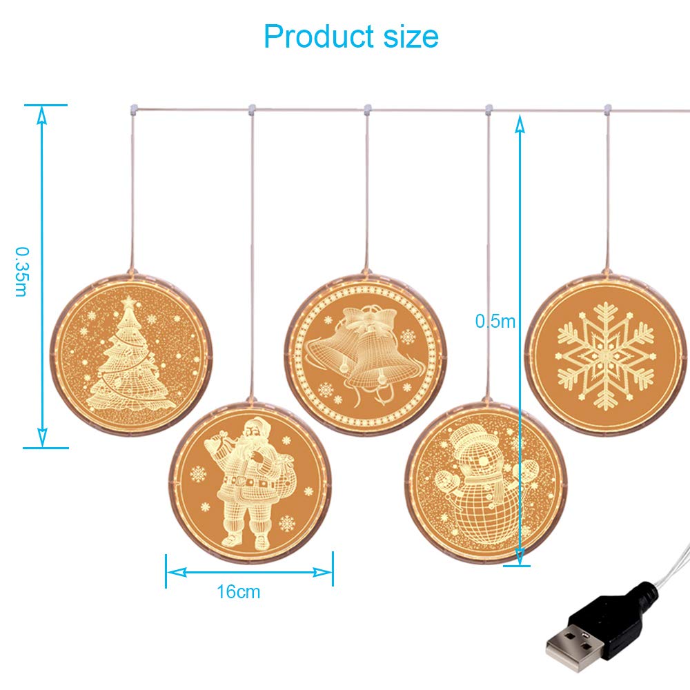 Luces de noche de Navidad colgantes, 5 luces de cortina 3D con control remoto para exteriores, luces de cadena para interiores, lámpara de cadena de hadas para ventana, luces de decoración de Navidad