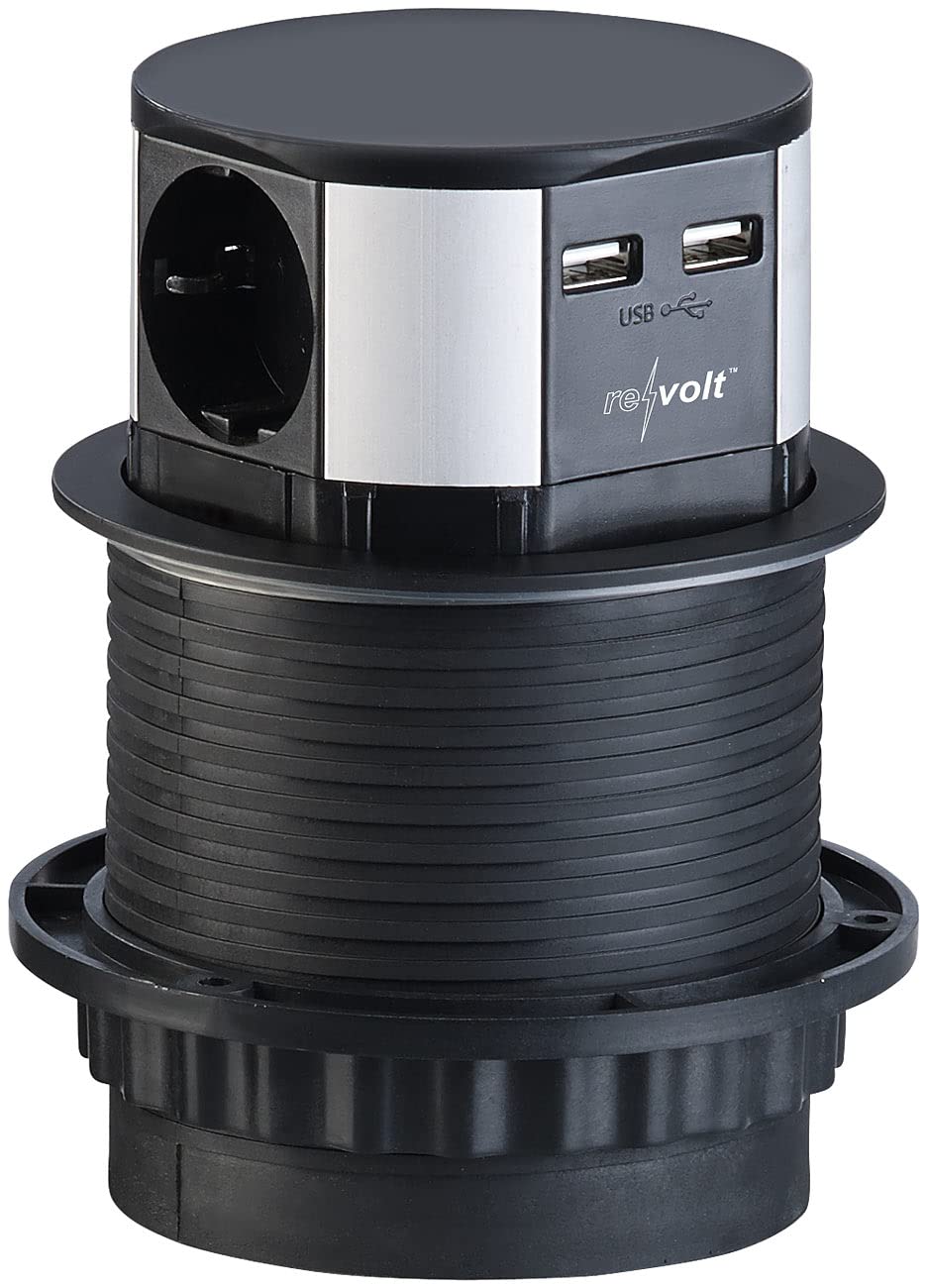 Multiprise de bureau encastrable et rétractable avec 3 prises 230V et 2 x USB [reVolt]