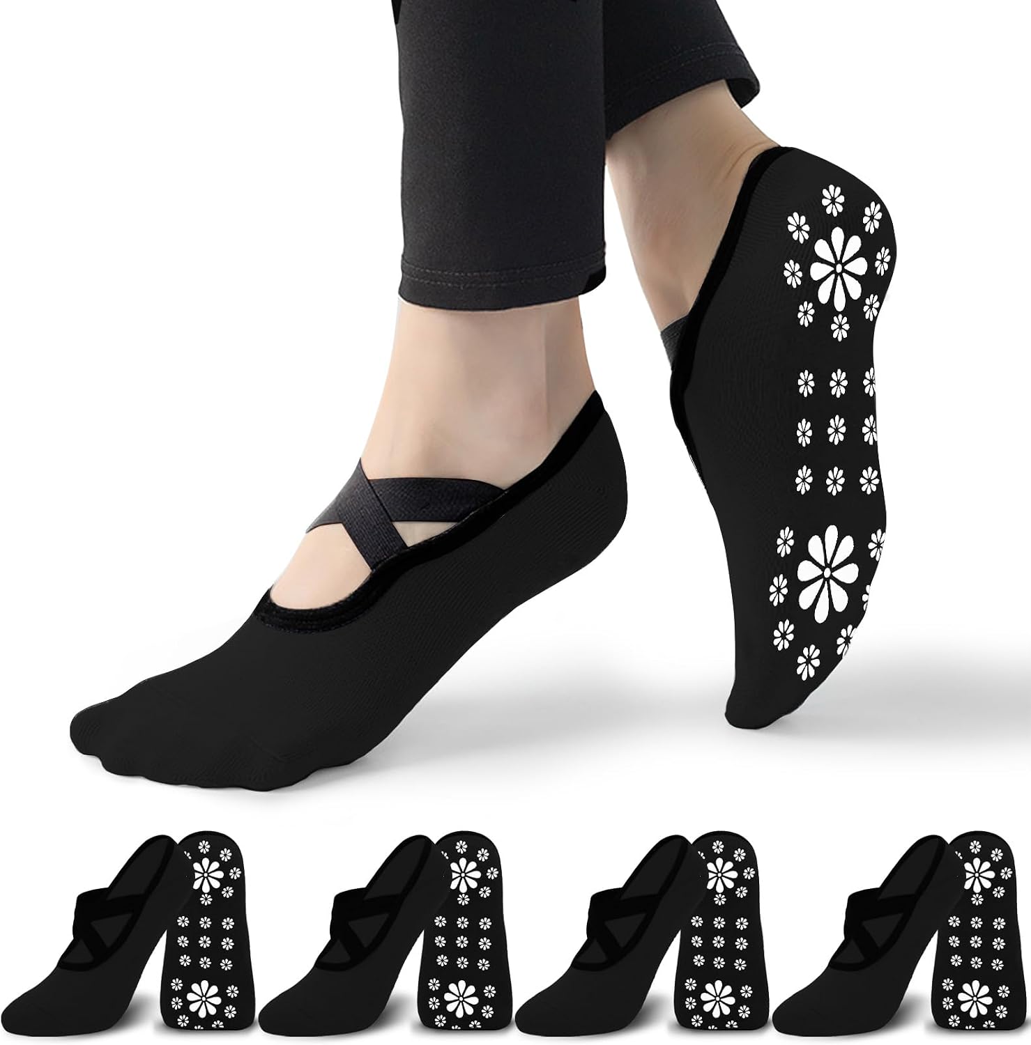 Yoga Sock Pilate Socks, 4 Pairs Non-Slip Grip Socks for Women, Perfect for US 7-10