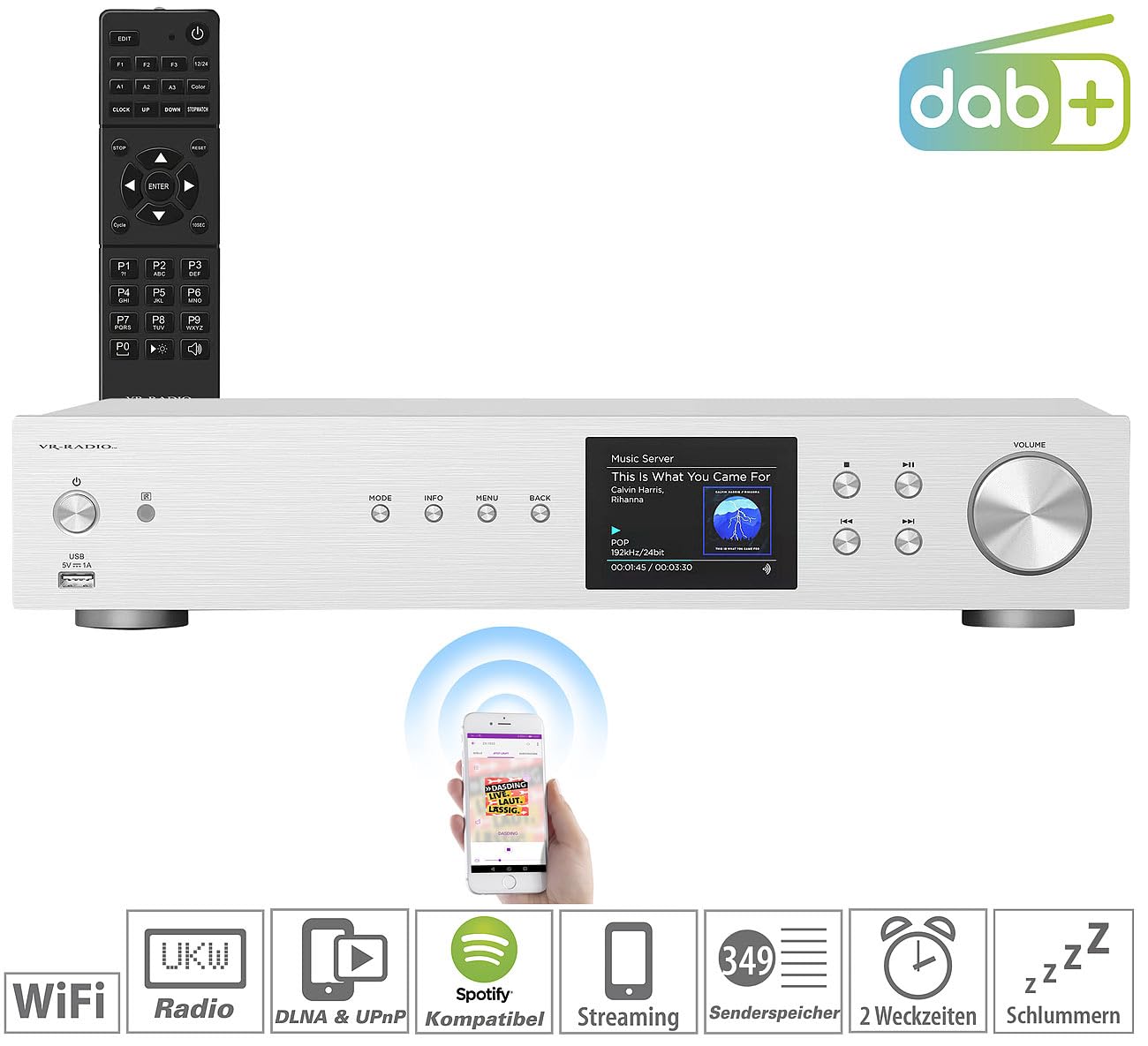 VR-Radio Internet Tuner: Digitaler WLAN-HiFi-Tuner, Internetradio, DAB+, Bluetooth, Silber (DAB für Stereoanlage, Receiver mit Internetradio, Music)