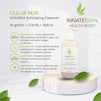 Clear Skin AHA BHA Exfoliating Cleanser Glycolic & Salicylic Acid Cleanser, Jojoba Beads - 8oz Pump
