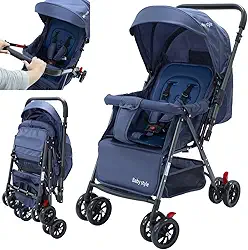 Carrinho de Bebê Reversível Passeio Runner até 15kg com Capota Retratil Reclinável Bandeja Cesto 4 Rodas Travas Cinto 5 Pontos e INMETRO (Azul)