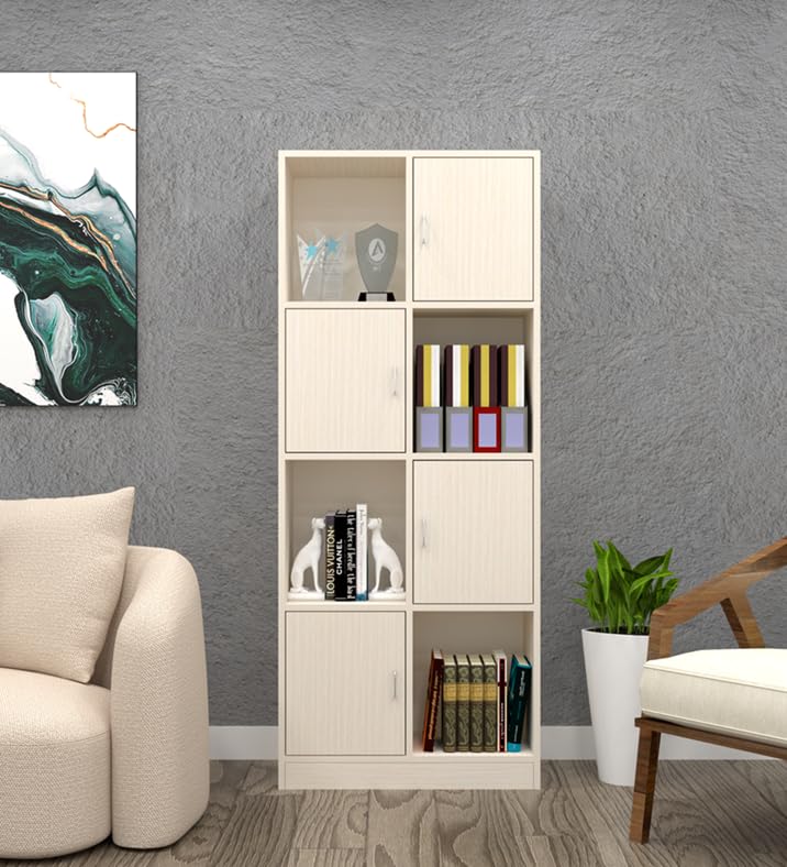 Image of SPECIALITY PANELS 8 Door Bookshelf with 4 Shutters and 4 Open Compartments, Light Wood Finish, 69x29x14 Inch Storage Unit