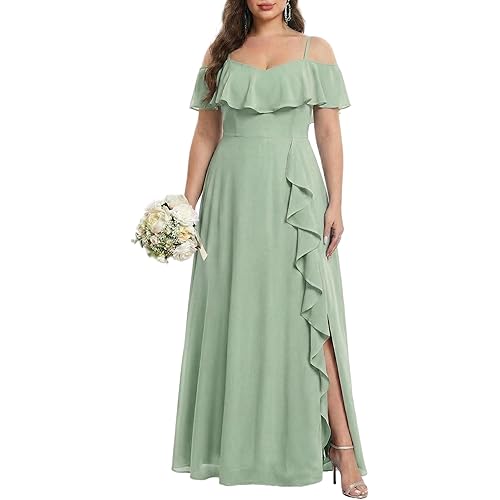 Plus Size Formal Dresses - Off Shoulder Chiffon High Slit Ruffle Wedding Guest Bridesmaid Prom Evening Dress