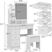 Vista 6 de FUFU&GAGA - Juego de tocador con espejo, tocador de maquillaje con 5 cajones, estantes, escritorio y taburete acolchado, color blanco