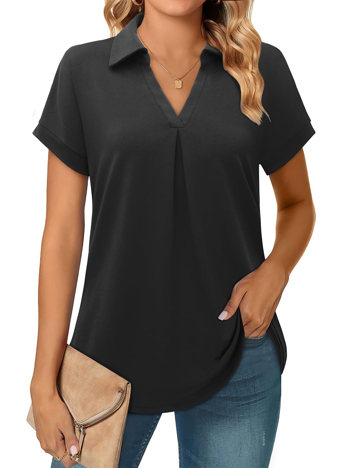 Siddhe Sommer Tunika Damen, Schicke Elegante T Shirt V-Ausschnitt Kurzarm, Lose Lässige Longshirt Bluse für Strand Basic Business Longbluse Oberteil, Schwarz XXL