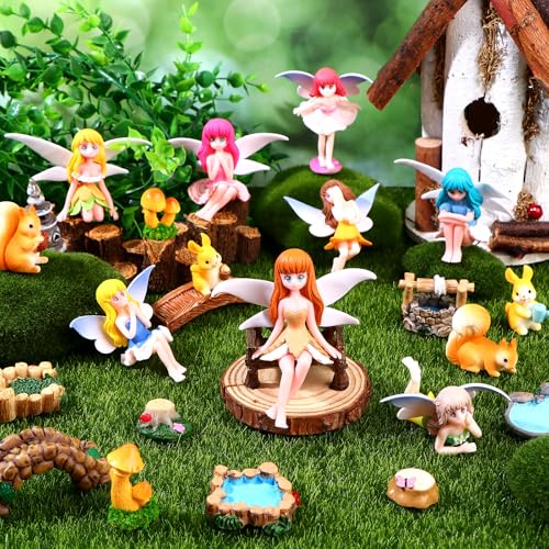 23 Stück Feengarten Zubehör Set Mini Fee Figuren Harz Pilze Hase Eichhörnchen Leuchtturm Brücken Miniatur Garten Deko für Mini Landschaft Pflanzkübel Puppenhaus