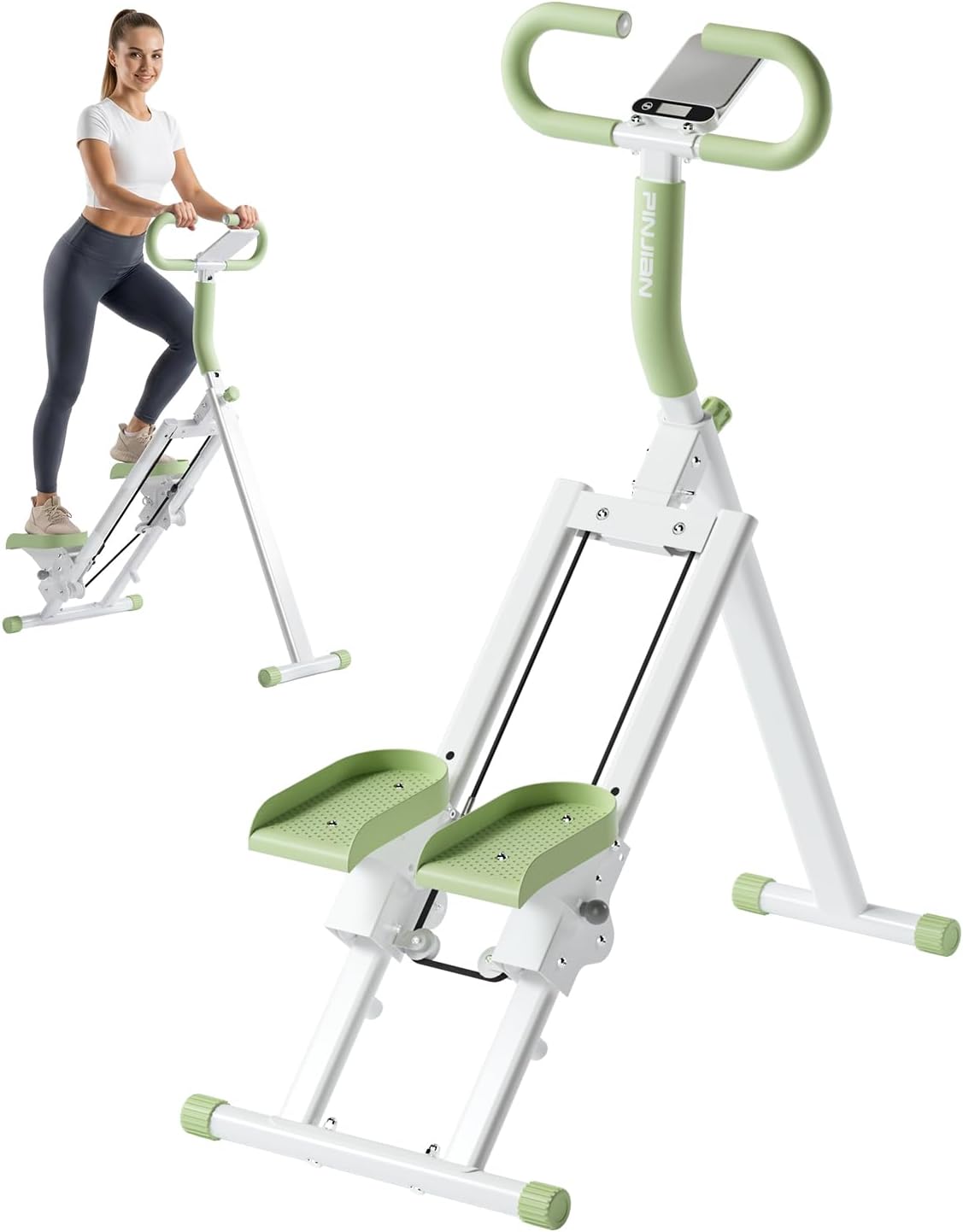 Green Stair Steppers for Exercise at Home, Folding Vertical Stair Stepper Climber, Full-Body Cardio Machine with Adjustable Handles, Steel Frame & Digital Monitor