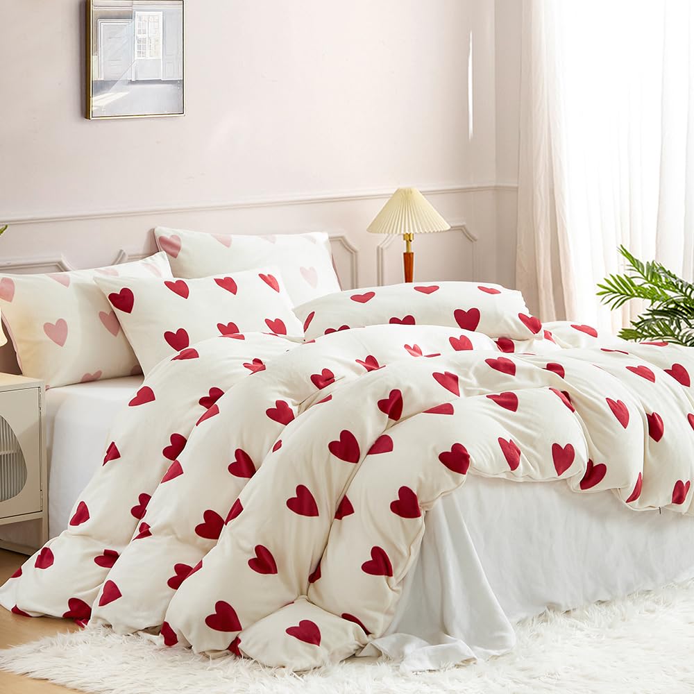 Flanell Bettwäsche 135x200 Herzen Rot Weiß Winter Biber Plüsch Winterbettwäsche 4teilig, 2 Warme Flauschig Cashmere Touch Bettbezug und 2 Kissenbezug 80x80 mit Reißverschluss