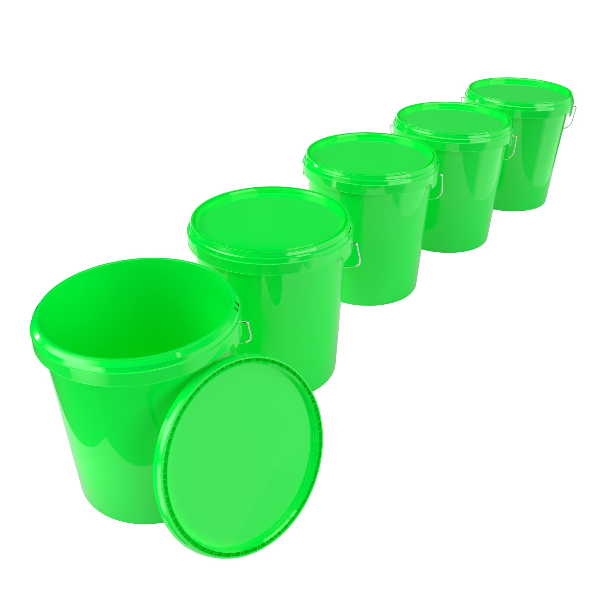 Fixedbyu Green 5 X Buckets With Lid, 16 Litres, Food-Safe, Airtight And Stable, Empty Bucket With Handle And Closure, Lid For Food, Chemistry, Wall, Paint, Washing Powder, Adhesives