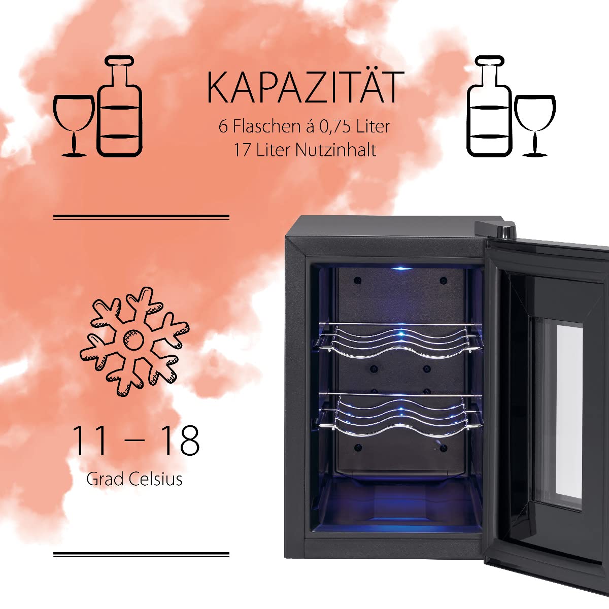 ProfiCook Weinkühlschrank 6 Flaschen 17L LED-Beleuchtung 11-18°C PC-WK 1230