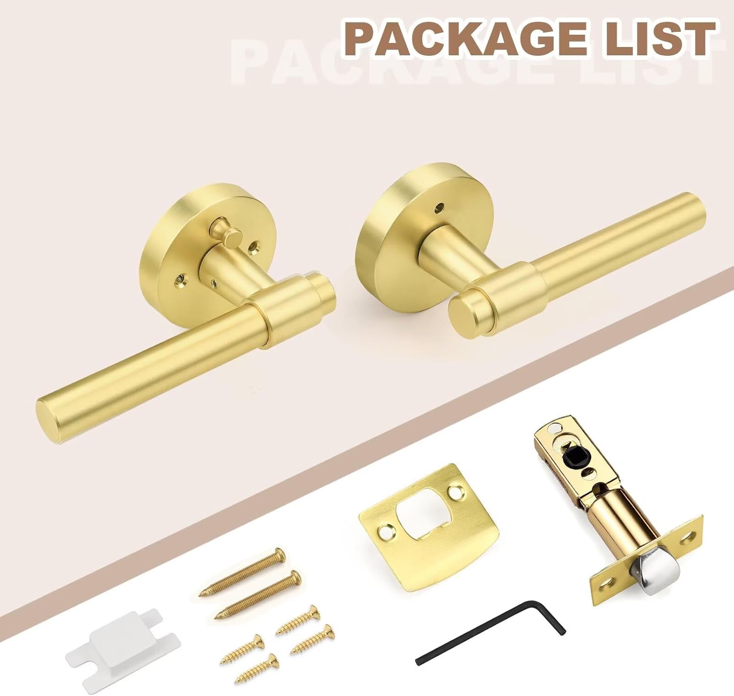 1 Pack Brushed Gold Door Handle with Lock, Brass Interior Door Levers for Bedroom and Bathroom, Keyless Modern Round Door Knob for Left Right Sided Doors