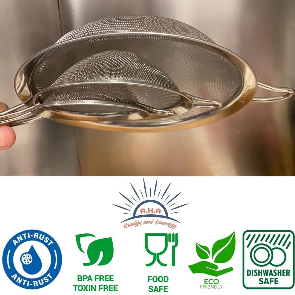 AHASON'S Juego de 3 coladores de malla fina de acero inoxidable 201ss con mango largo, tamaño pequeño 8 cm - mediano 12 cm - grande 18 cm, libre de óxido y sin bordes afilados (acero inoxidable)