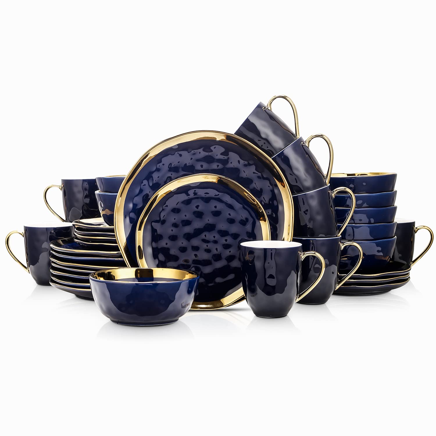 Stone Lain Florian Modern Porcelain Dish Set, 32-Piece Dishes for 8, Gold and Blue