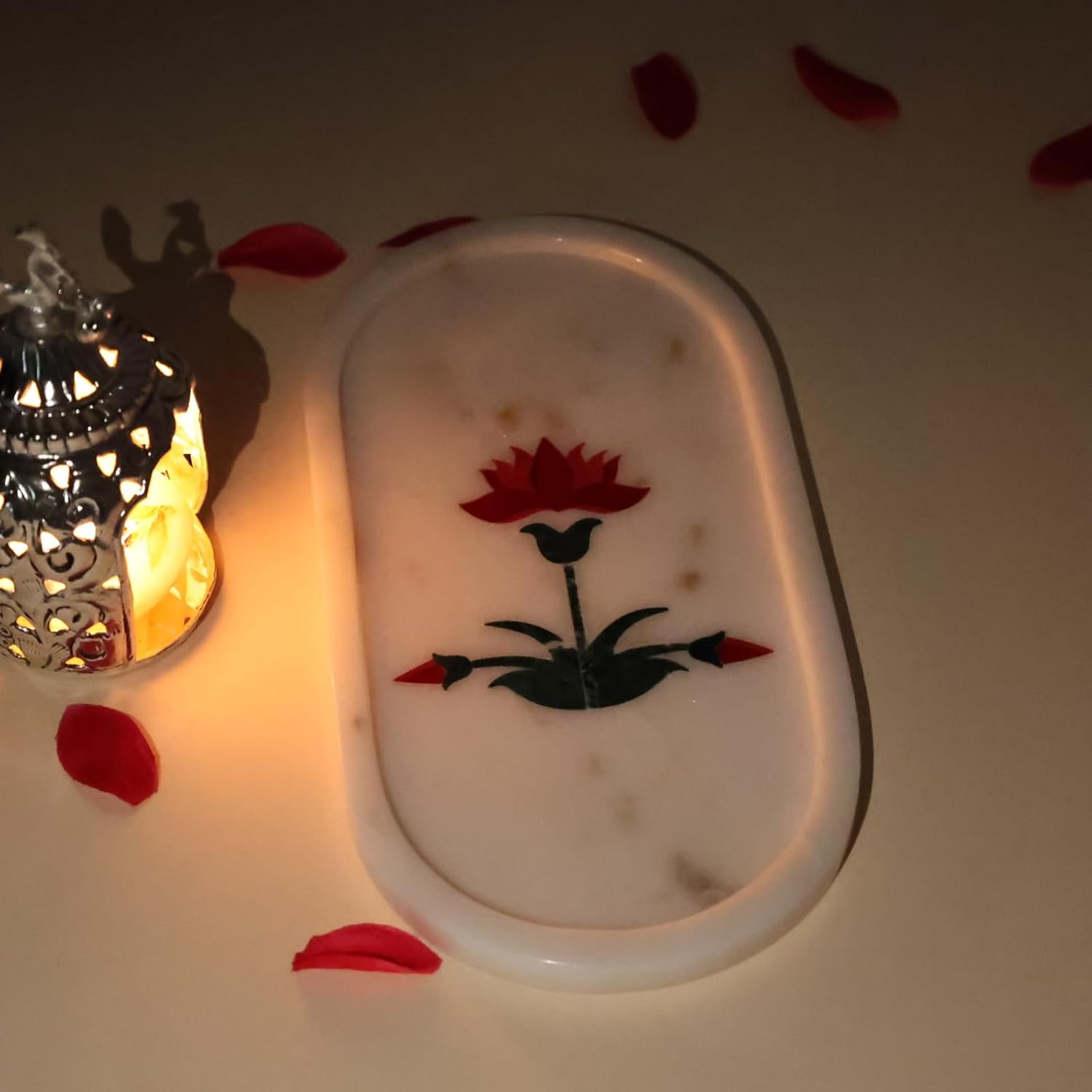 Natriel White Marble Decorative Tray with Red Lotus Flower Inlay, Oval Shape, 9.84x5.11x0.39 Inches