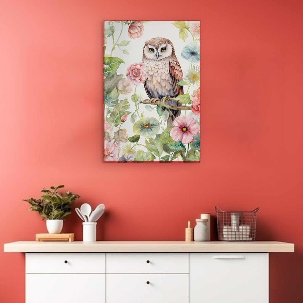 Canvas for Living room. Whisper of Nature: An Enchanting Brown Owl Amidst a Floral Serenade, 27 x 18 inch Canvas Wall Art - Ready to Hang - 69x46 cm (27x18 inch)