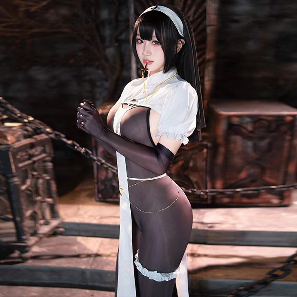 sexy nun outfit for women costume lingerie Cosplay Dress Naughty Girls Mother Prayers Roleplay Sister High Slit Gothic Uniform For Halloween Party Bodysuit Headpiece set white black