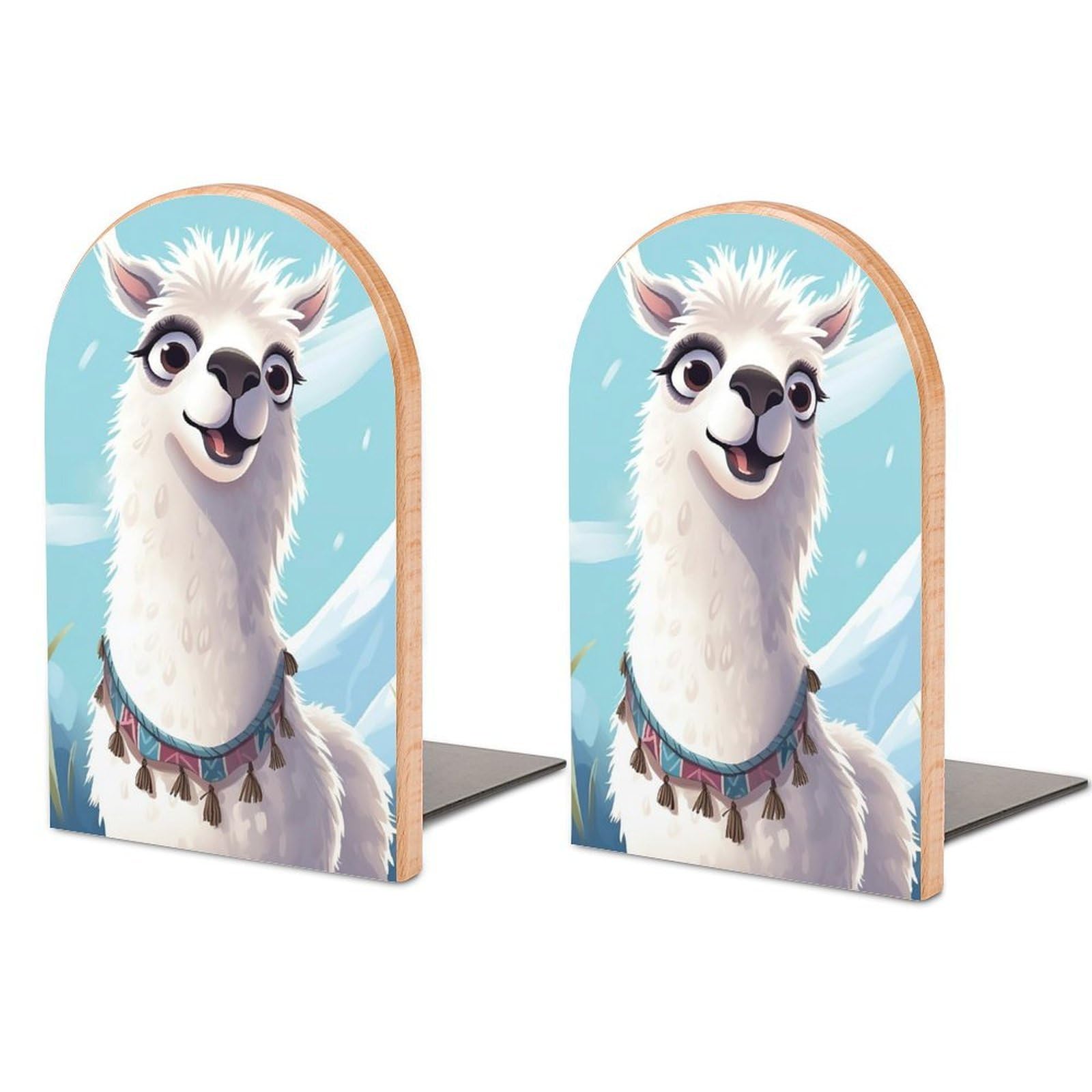 Beech Wood Book Ends Llama2 Printed Bookend for Shelves Home Decorative Bookends for Heavy Books for Office Bookshelves