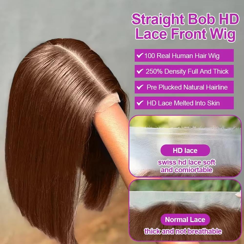 Accessori Parrucche Parrucca Caschetto Corto 100% Capelli Umani Senza Colla 13x4 HD Frontale In Pizzo Marrone Cioccolato Prepizzicato(13x4 HD Lace Wig,250%_14INCHES)