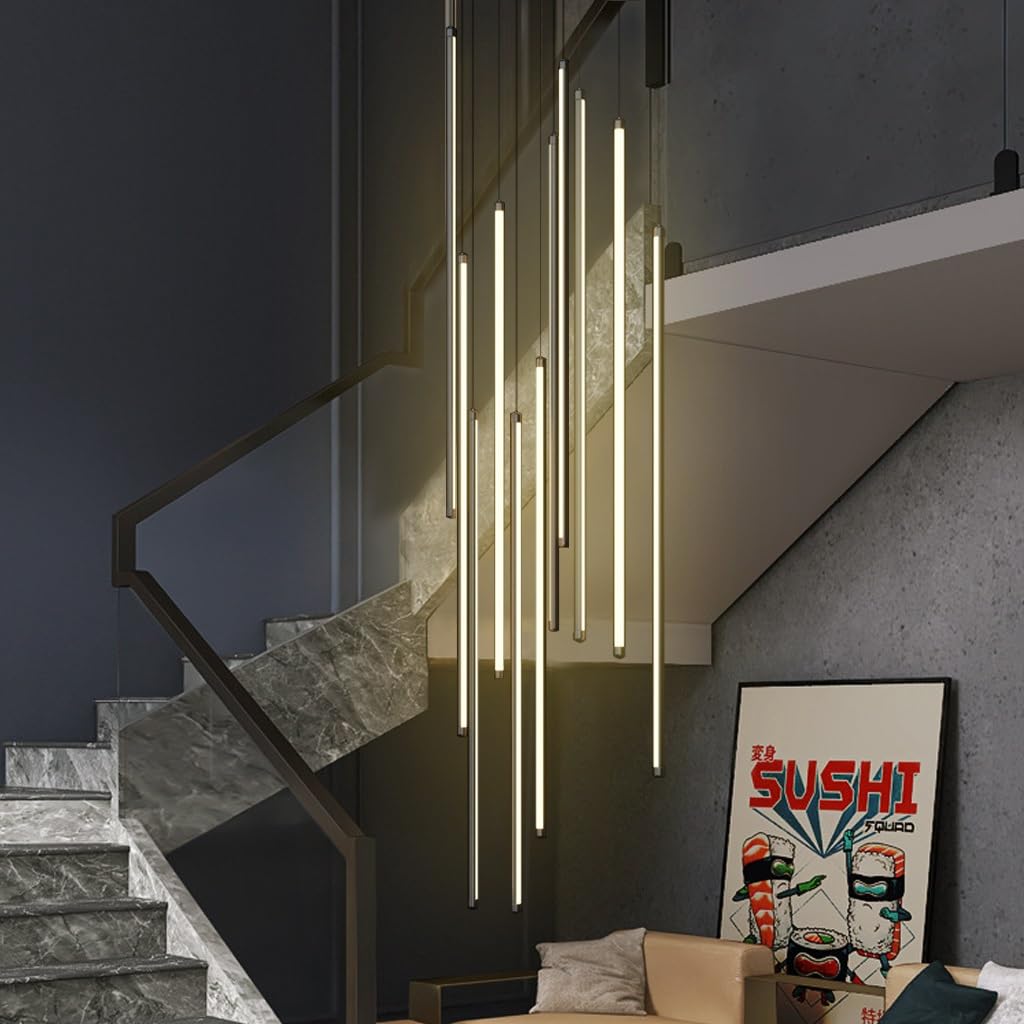 Nowoczesna lampa wisząca LED na schody, 12-głowicowa, ściemniana, regulowana lampa sufitowa z aluminium do salonu, hotelu, korytarza, ciepłe oświetlenie, elegancki ażurowy design (ciepła 12)