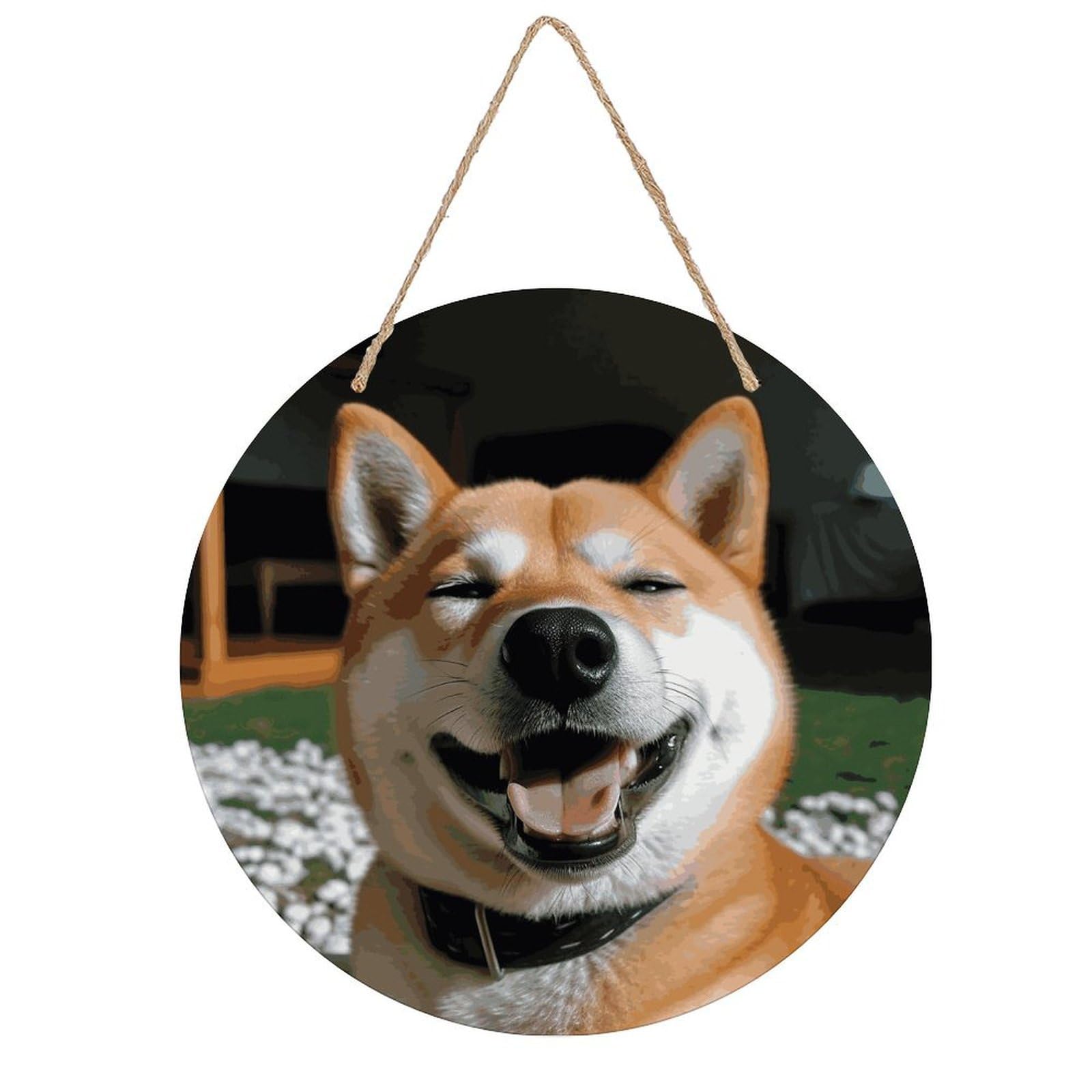 Adfgyerh Style Shiba Inu Smile Tongue Out Room Decor，Round Wooden Board Painting，Wall Art，Easy To Hang，Wall Decor ，Suitable For Homes, Offices, Holidays, Bars, Cafes, And Other Venues.