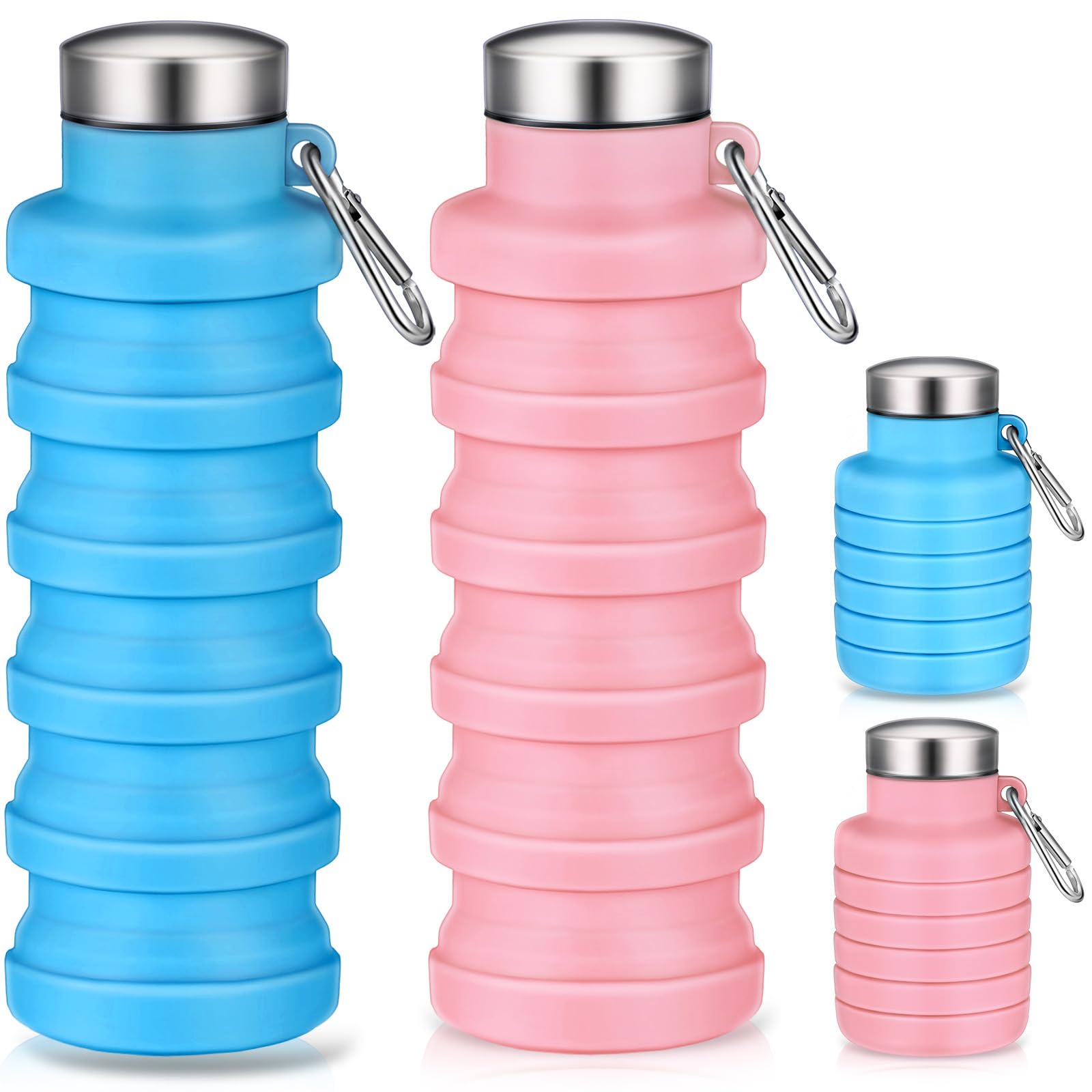 Baderke Faltbare Wasserflaschen aus Silikon, Reiseflasche, faltbar, tragbar, mit Schnalle, leicht, wiederverwendbar, auslaufsicher, für Camping, Wandern, Radfahren, Sport, Rosa, Blau, 2 Stück
