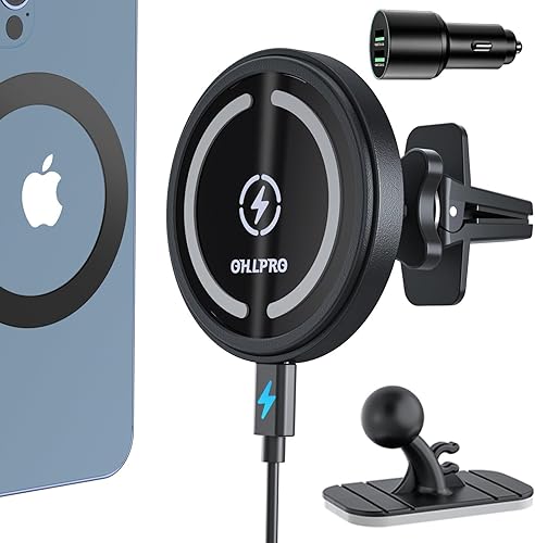 OHLPRO Cargador de coche MagSafe para iPhone, cargador inalámbrico para coche, soporte magnético para teléfono para iPhone 17 Pro Max 16 15 14