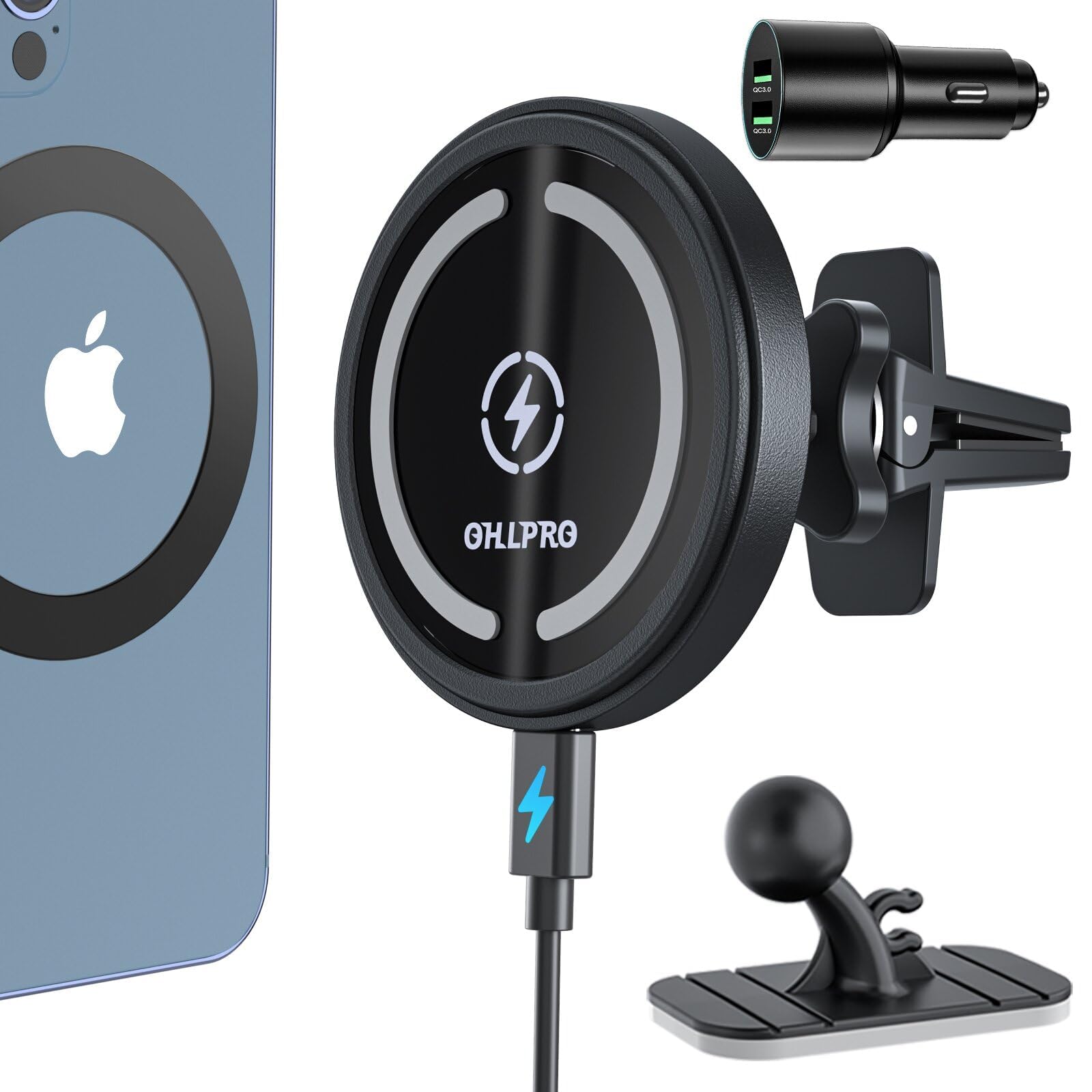 Chargeur de voiture sans fil OHLPRO pour iPhone avec support magnétique MagSafe, fixation adhésive sur tableau de bord, compatible avec les iPhone 17 Pro Max, 16, 15 et 14, charge rapide 15 W, coque e