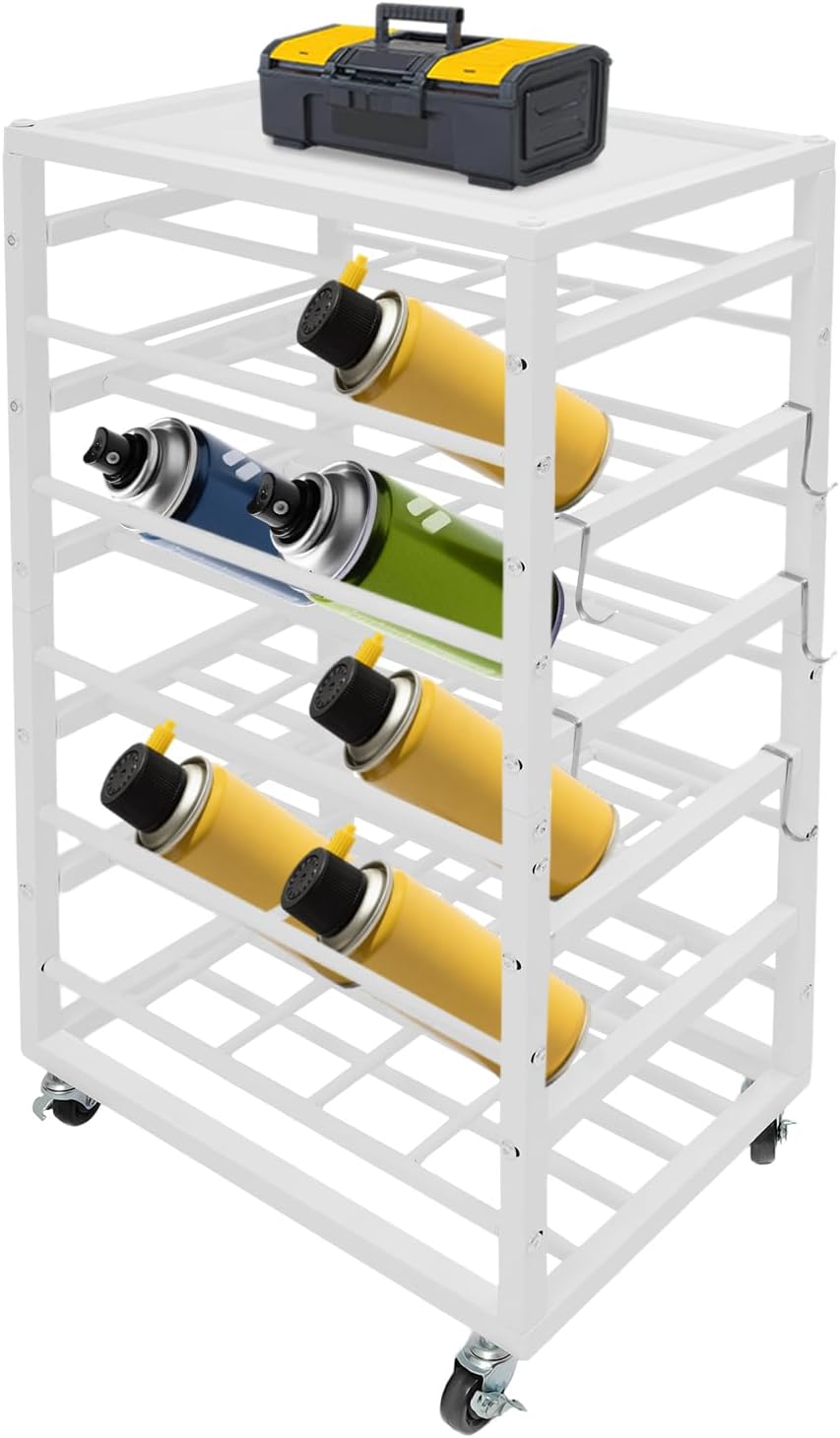 Metal Paint Spray Can Cart 5 Tiers Rolling Spray Bottle Lube Holder with Storage Tray and Hook, Aerosol Can Holder Rack, Wheel Spray Can Holder for Garage, Shop, Craft Workspace (White)