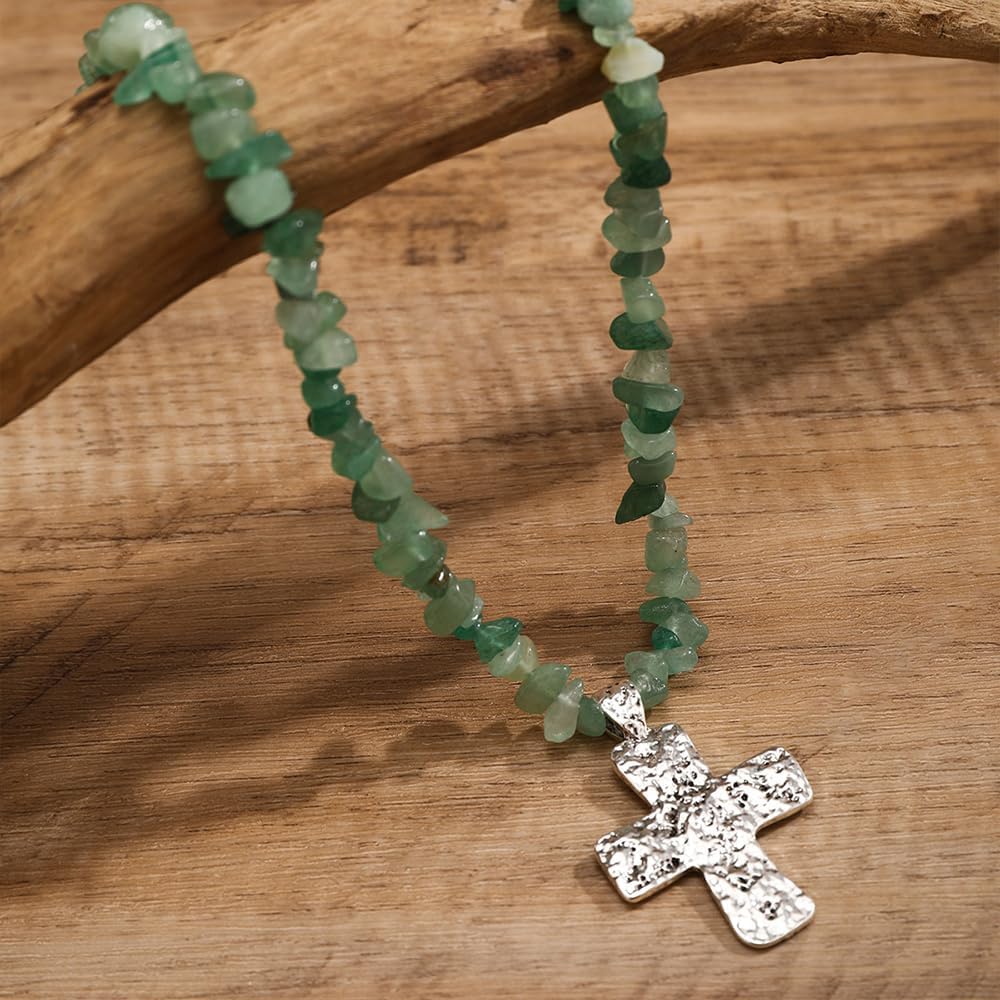 Chunky Turquoise Cross Pendant Necklace for Women Vintage Irregular Natural Stone Hammered Crucifix Choker Necklaces Cowboy Cowgirl Country Jewelry - Image 5