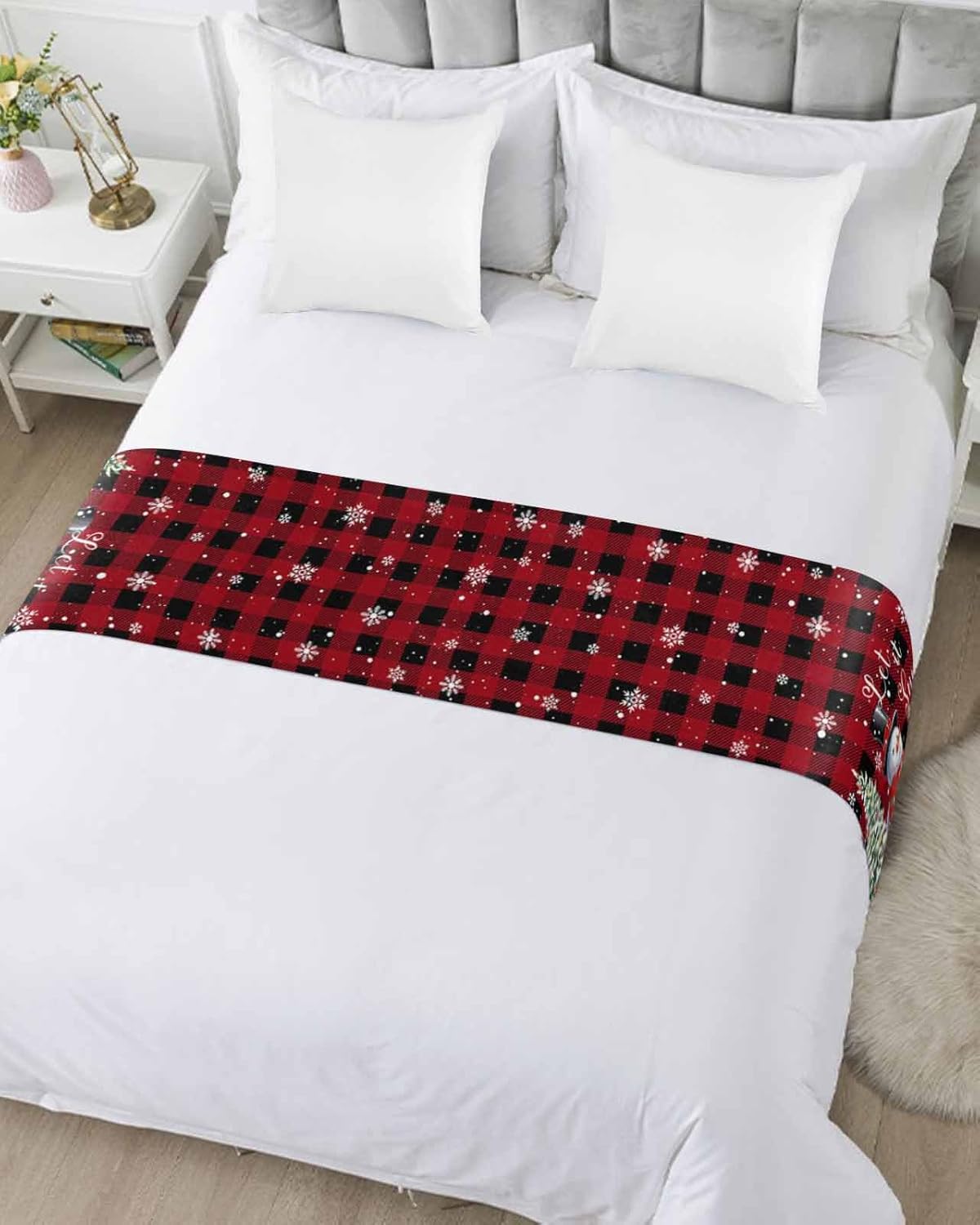 Winter Xmas Bed Runner for Full/ Queen Size Bed, Bedspread Protector Slipcover Bed Scarf for Foot Bed Runners & Scarves for Bedroom Wedding Room 83x20 Inches Christmas Snowman Pine Tree Plaid Red