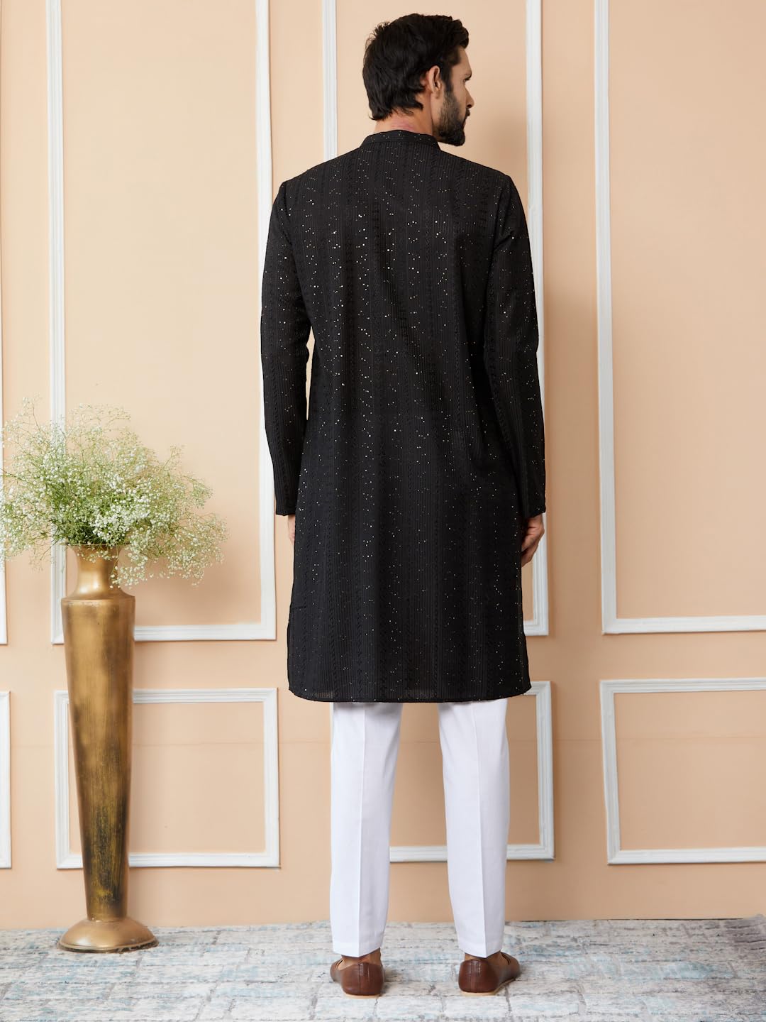 See Designs Men's Long Sleeve Mandarin Collar Side Slit Black Embroidered Thread Work Sequinned Chanderi Silk Straight Kurta - Sdkt2513Xxl