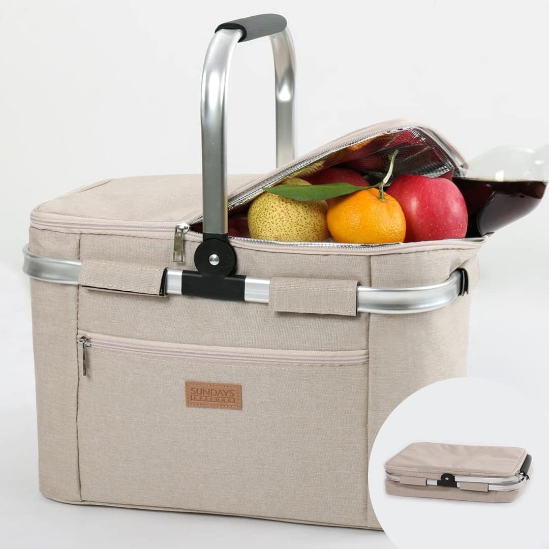SUNDAYS LEISURE Insulated Picnic Basket Durable Shopping Basket