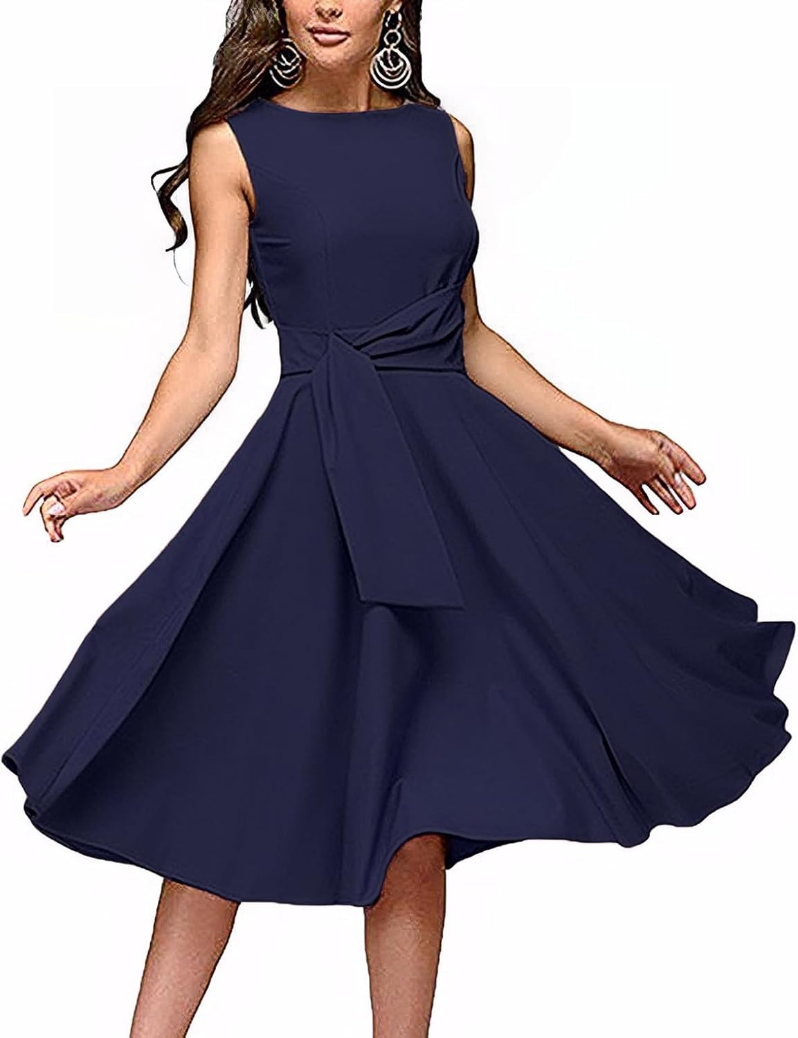 FENJAR Women's Elegance Audrey Hepburn Style Ruched Dress Round Neck Sleeveless Swing Midi A-line Dresses