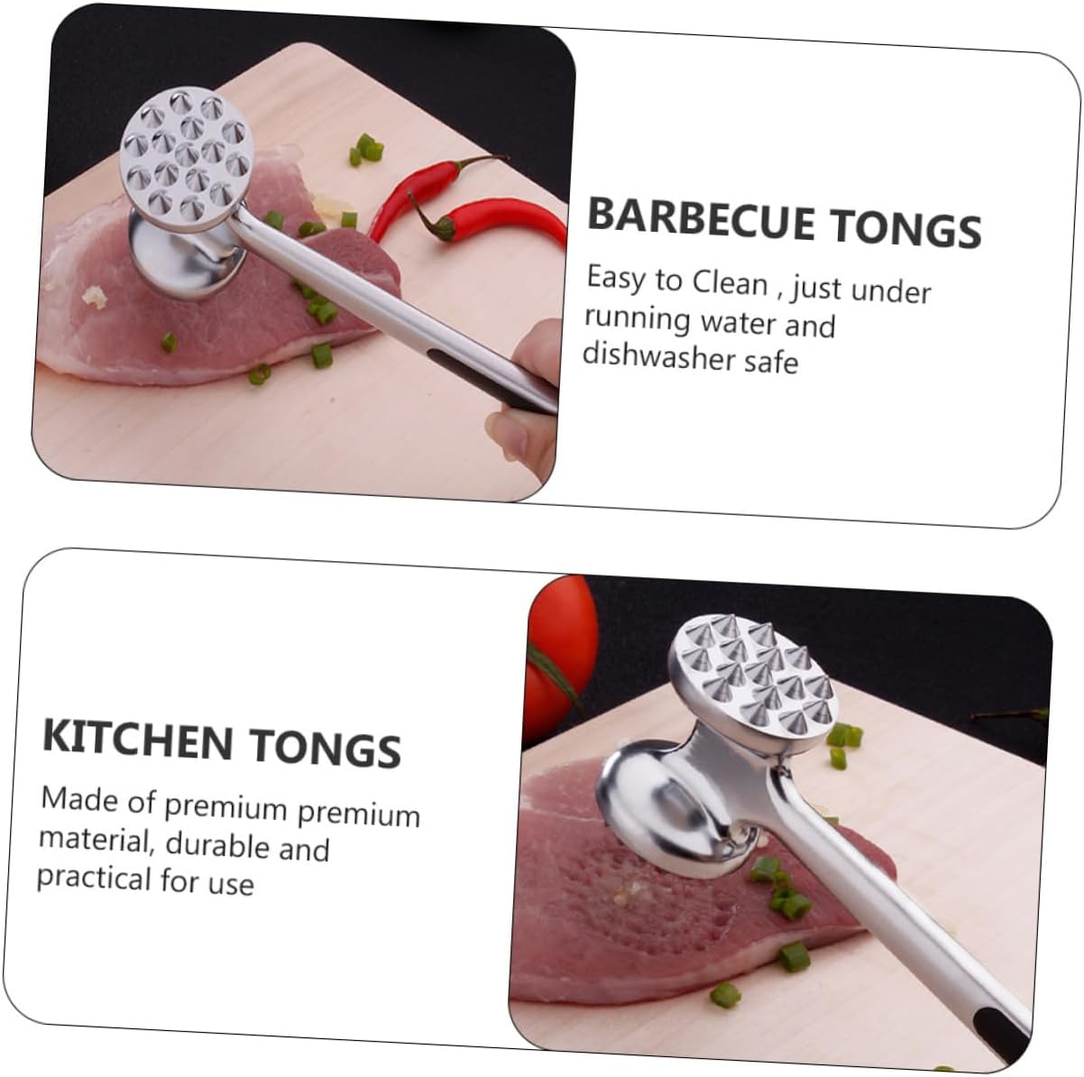 Mikinona 2pcs Stainless Steel Meat Mallet Kitchen Tong Meat Hammer for Meat Tenderizer for Steak Chicken and Pork