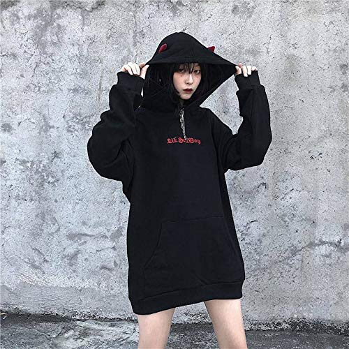 Yeou Women Sweatshirts High Street Harajuku Cute Hoodies Punk Gothic Devil Horn Chic Hooded Pullover (M) Black #TOP5