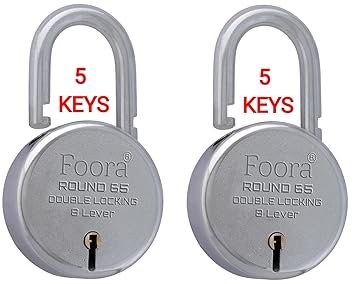 Link O Line Double Locking, Steel Lever Technology Foora Round 65 Lock with 5 Keys (Each Size 65mm, Silver) - Pack of 2