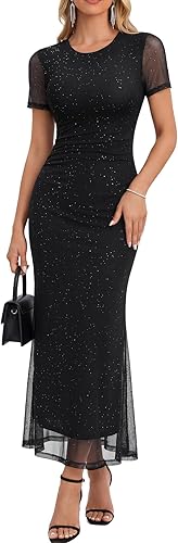 KIFOVEN Women's Sparkly Mesh Short Sleeve Round Neck Bodycon