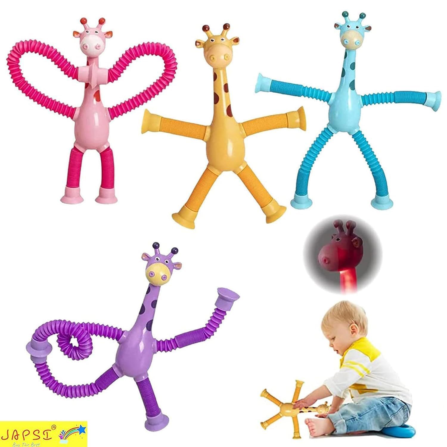 JAPSI Bendable Giraffe Suction Cup Toys with LED Light, Parent-Child Interactive Stretchy Animals, Pack of 2, Assorted Colours | 2
