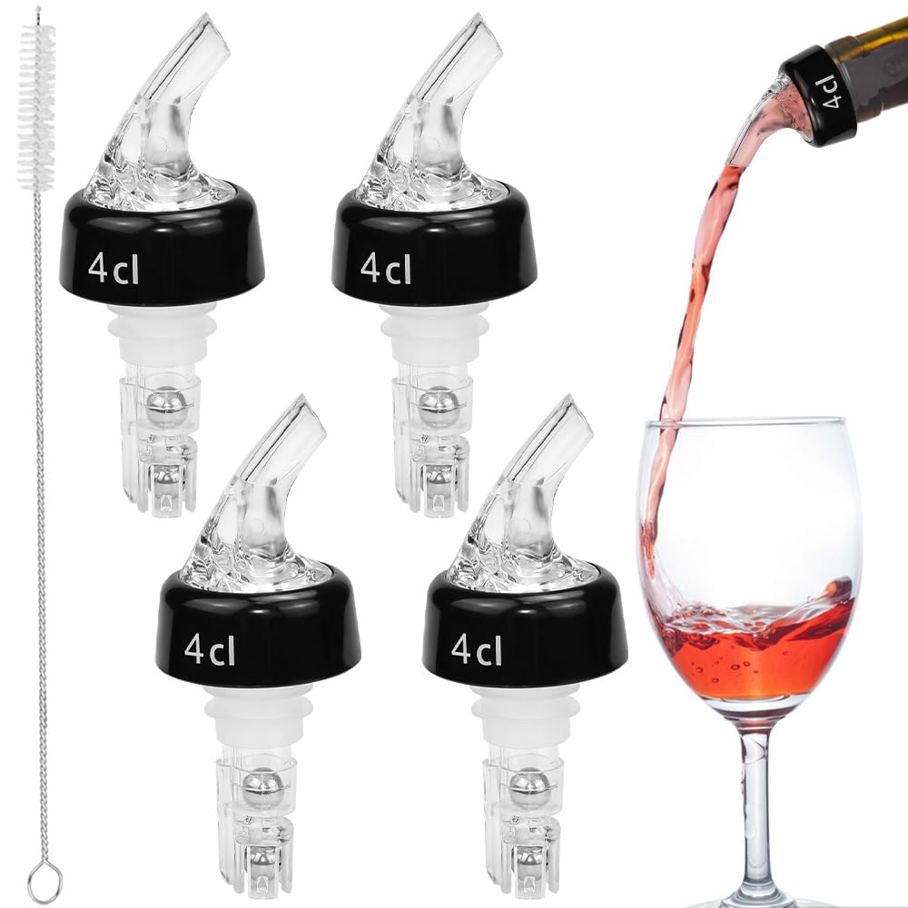 SLTAXAR Pack of 4 Bottle Pourers Spirits 4 cl Dispenser for Bottles, Spout for Spirits 4 cl with Brush Portioner Bottle Bar Bottle for Spouts Dispenser for Wine Liquor Cocktails Oil