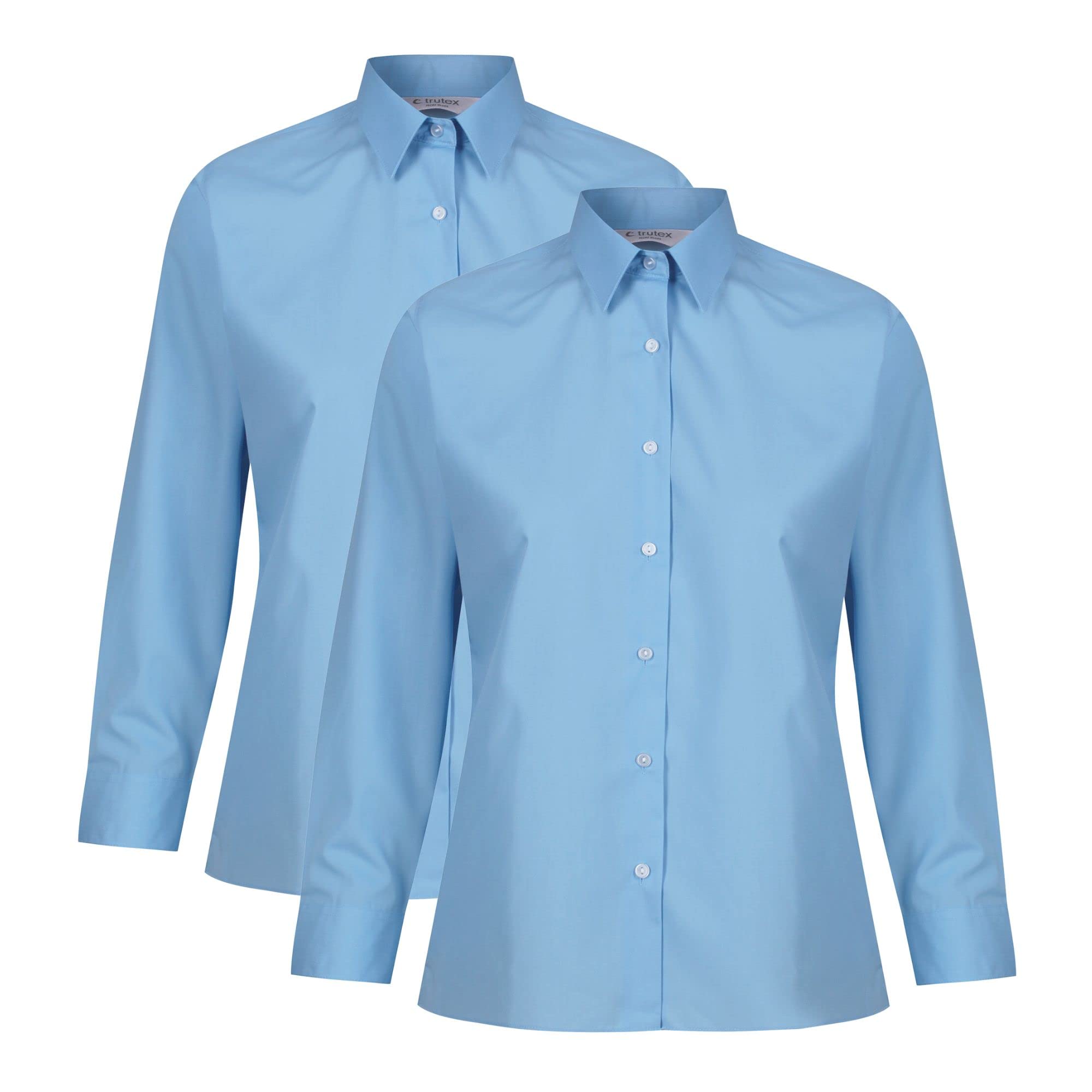Trutex Girls Blue School Shirts Long Sleeve – 2 Pack School Blouses For Non Iron School Uniform Shirts, Standard Fit School Shirt (Age 3-4)
