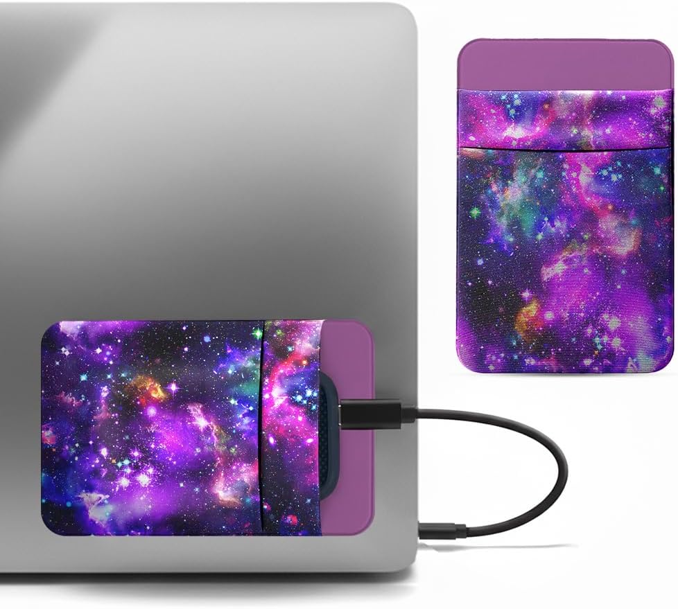 WIRESTER Universal Lycra Mouse Holder, 2-Pocket Self-Adhesive Mouse Pouch Sleeve for Laptop, Compatible with Portable SSD, Magic Mouse, USB Cable and More - Retro Purple Cassette Tape 80's Hip Hop