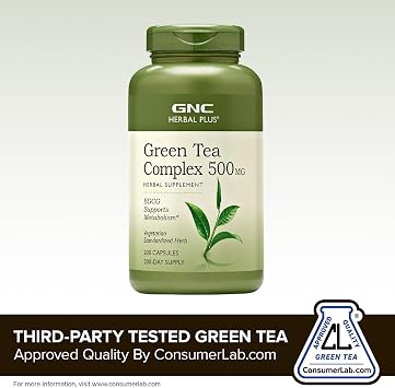 GNC Herbal Plus Green Tea Complex 500mg Supplement ، نباتي ، يدعم التمثيل الغذائي ، 200 حصة