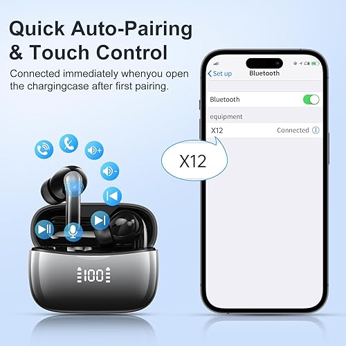 Miniatura 6 de Auriculares inalámbricos, auriculares Bluetooth 5.3 con 4 micrófonos ENC con cancelación de ruido, graves profundos estéreo de alta fidelidad,