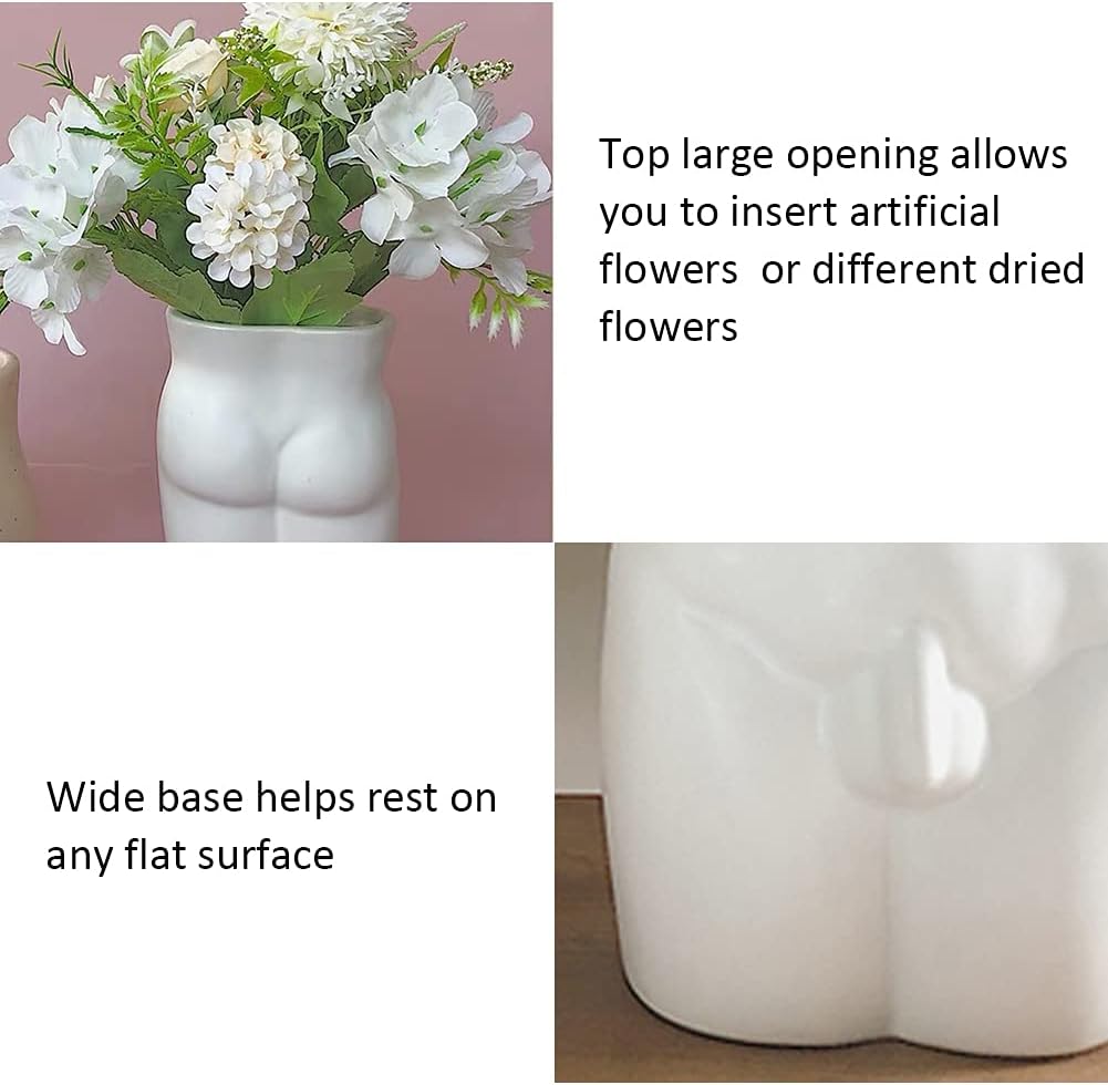 Butt Vase, Butt Planter Body Vase Cheeky White Ceramic Flower Vase Boho Plant Pot Body Sculpture Modern Art Home Decor for Living Room Bedroom Centerpiece Table Wedding Small