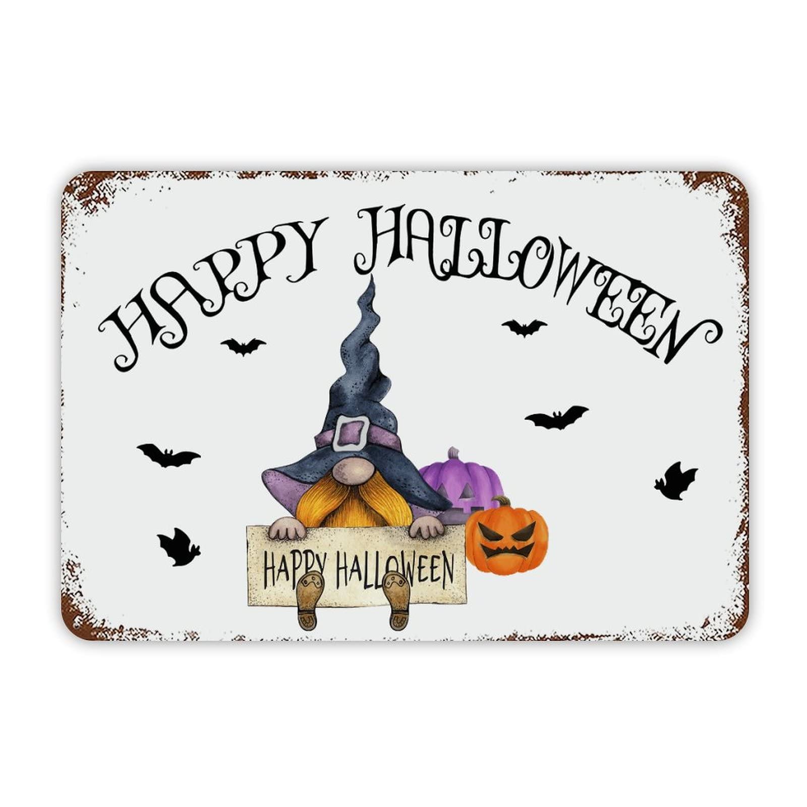 ENEDNATE Farmhouse Rustic Aluminum Sign Happy Halloween Gnome Pumpkins Metal Sign Retro Aluminum Tin Sign for Kitchen Bedroom Living Room Wall Art Door Hanger Home Decor Sign 8x12 Inch