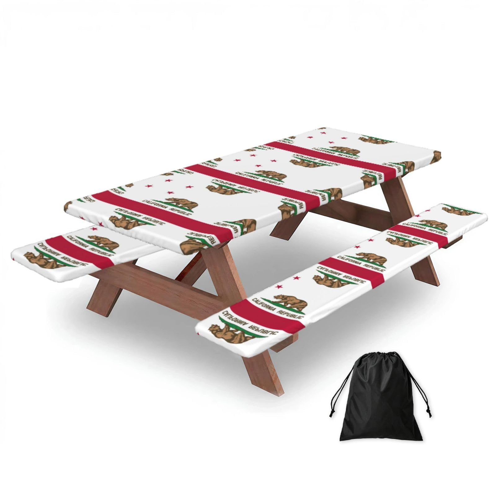 Yqxwjl Black California State Flag Print Camping Essentials Waterproof Camping Table And Bench Cover With Drawstring Bag 183 Cm