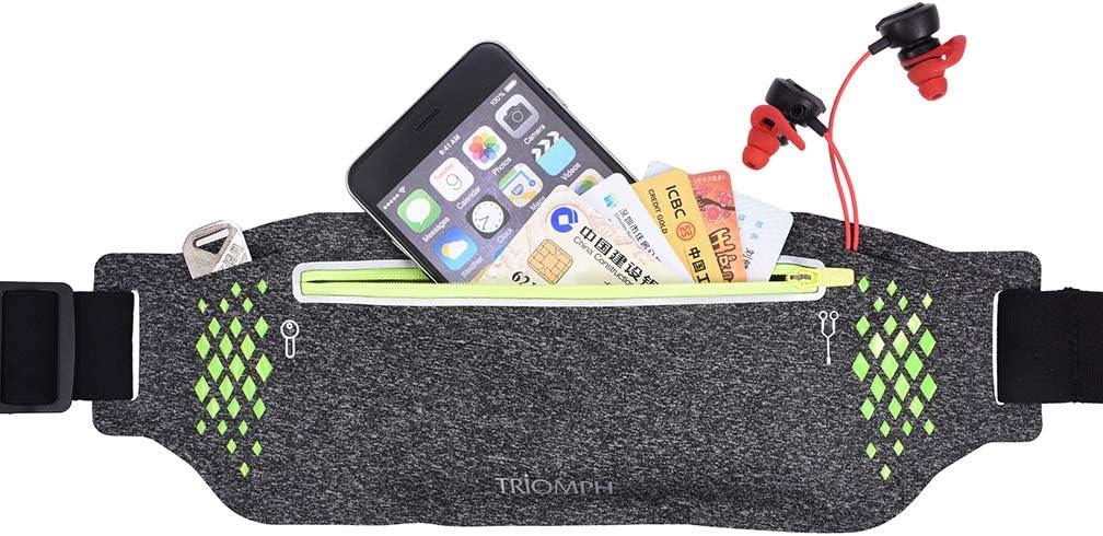 Triomph Running Belt Waist Pack Fitness Waist Bag for Hiking, Water Resistant Runners, Adjustable Belt for iPhone Xs Max, XR and Any Large Smartphone, 3 Pockets w/Reflective Zippers, Earphone Hole