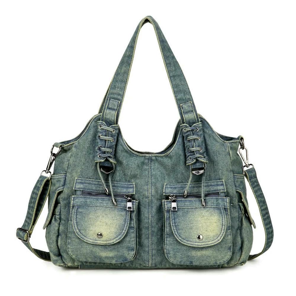 GLDFW - Borsa da donna in denim, stile vintage, blu, con tracolla, grande capacità
