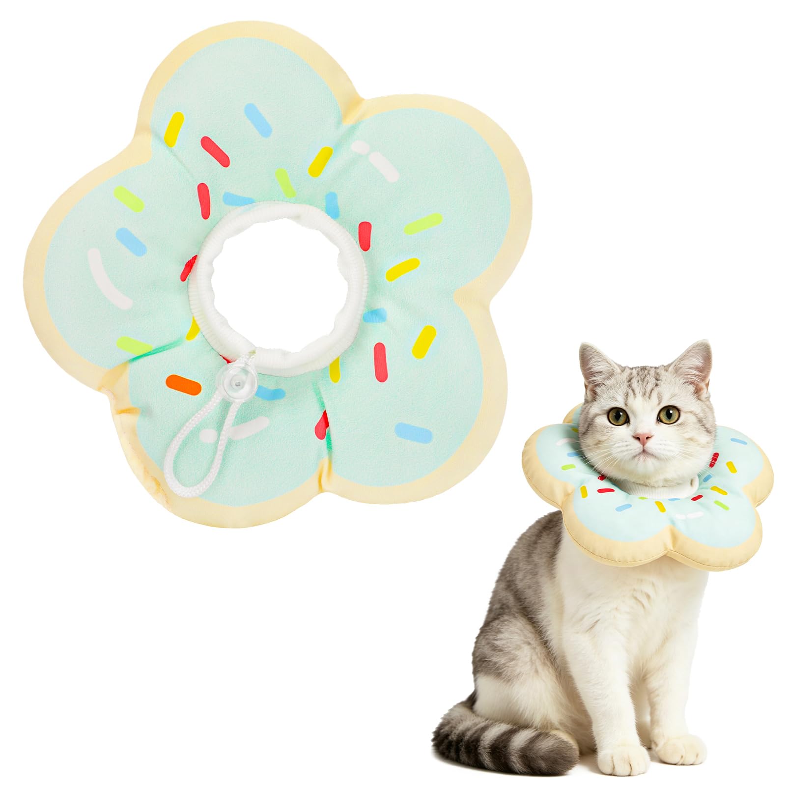 QKURT Cat Cone Collar Soft, Adjustable Waterproof Pet Recovery Collar, Cute Donut Pattern Neck Cat Cones After Surgery, Prevent Licking Biting Protect Wounds for Puppies, Cats, Petal Shape